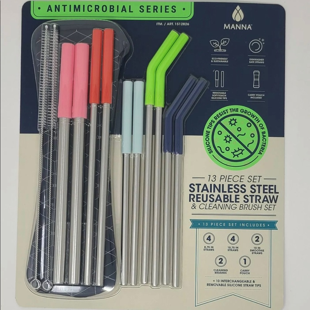 Manna 13 Pc. Straw Bottle Set With Straw Cleaners -Stainless Straws Silicone Tip